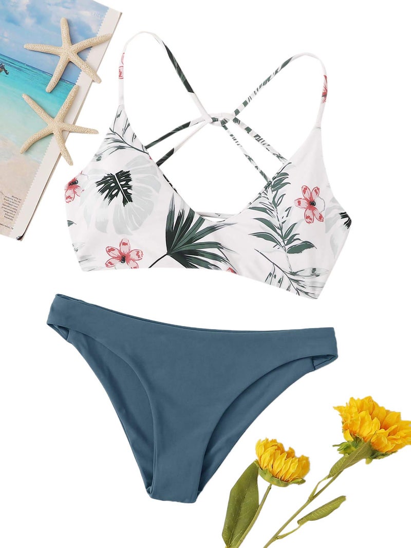 SweatyRocks Women's Sexy Bathing Suit Floral Print Cross Back Bikini Set Swimsuits White-1 L - Image 3